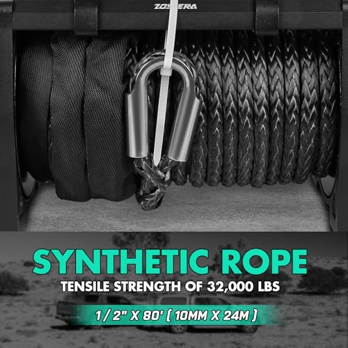 13500LB Winch Waterproof Electric Black Synthetic Rope 12V Winch, with 1 Wireless Remote & Wired Manual Switch,Manual Power Switch and Handle Extension Cable,Cyan Hawse Fairlead and Hook - color: Cyan, size: 13500LBS-N