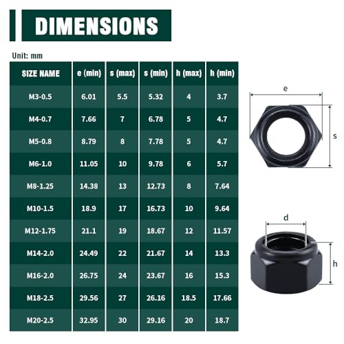EASTLO 100 pcs M5 Lock Nuts Black, Nylon Insert Locknuts 304 Stainless Steel A2-70 Grade, Self Clinching Nuts, Coarse Thread - size: M5