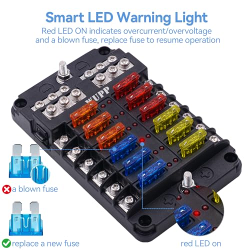 12 Circuits Fuse Block Panel - with Negative Bus Fuse Box Holder Screw, Marine Fuse Block DC 12-24V with LED Indicator Waterproof Cover for Car Marine Boat RV Truck, 24 Fuses Included - size: 12 Way