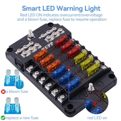 12 Circuits Fuse Block Panel - with Negative Bus Fuse Box Holder Screw, Marine Fuse Block DC 12-24V with LED Indicator Waterproof Cover for Car Marine Boat RV Truck, 24 Fuses Included - size: 12 Way