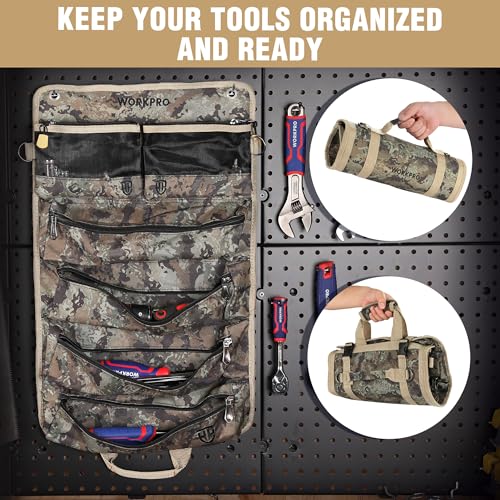 WORKPRO Roll Up Tool Bag, Tool Roll Organizer, 4 Pockets & 2 Pouches, Camo - color: Camo