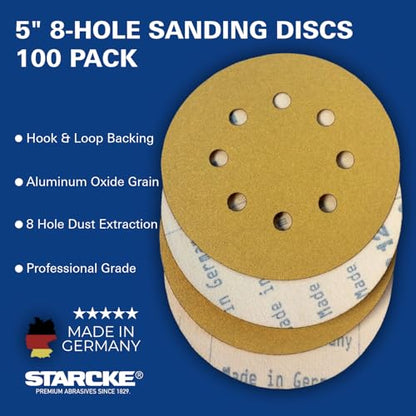 STARCKE 5 Inch 8-Hole Hook and Loop Sanding Discs 180 Grit 100 Pack