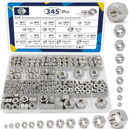 ZQZ 345Pcs SAE Hex Nut & Lock Nuts Assortment Kit (#4-1/2) Hardware Nut Set - size: SAE Hex Nuts & Locknuts Assortment;345 PCS