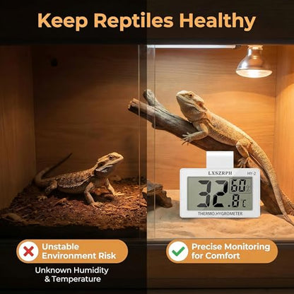 Reptile Hygrometer Thermometer, Digital Amphibian Hygrometer Thermometer with Hook, Temperature Humidity Meter Gauge for Reptile Tanks, Terrariums, Vivarium, LCD Display (2 Packs) - size: 2 packs