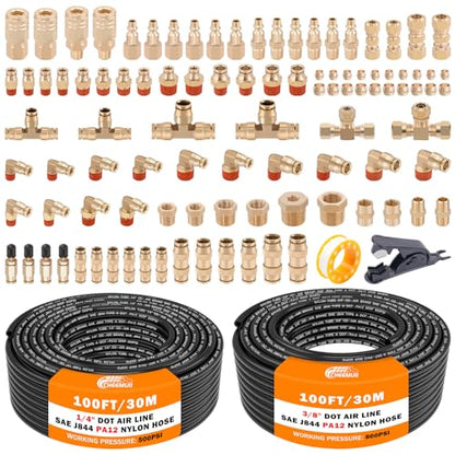 CheeMuii 100 PCS Brass DOT Air Line Fittings with 1/4" & 3/8" DOT Air Hoses - size: 2ROLL-104PCS