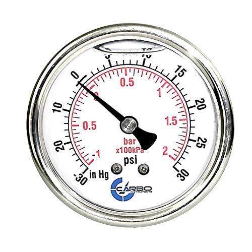 1-1/2" Pressure Gauge, Stainless Steel Case, Chrome Plated Brass Connection, Lqiuid Filled, Compound Vacuum -30 Hg - 0-30 psi Back Mount 1/8" NPT - style: -30 / 0 / +30 inHg/psi