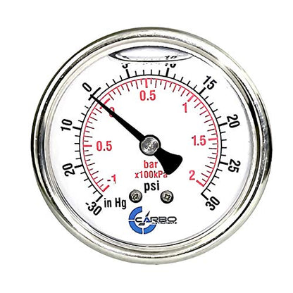 1-1/2" Pressure Gauge, Stainless Steel Case, Chrome Plated Brass Connection, Lqiuid Filled, Compound Vacuum -30 Hg - 0-30 psi Back Mount 1/8" NPT - style: -30 / 0 / +30 inHg/psi