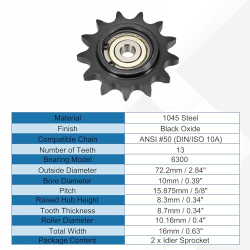 uxcell 2Pcs #50 Roller Chain Idler Sprocket, 10mm Bore 5/8" Pitch 13 Tooth - size: 10mm Bore 5/8" Pitch 13 Tooth