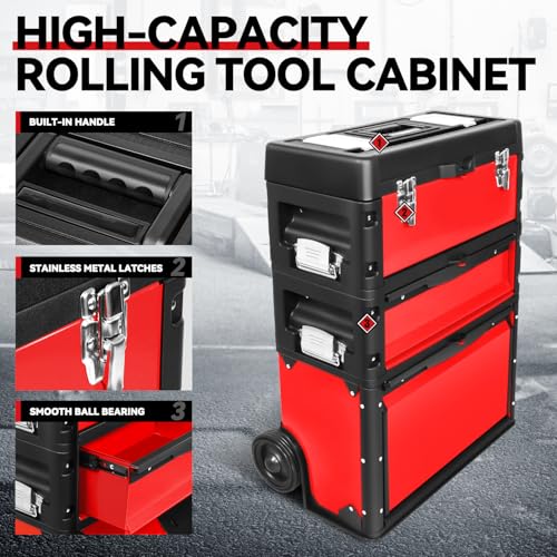 Auto Dynasty 3-Tier Rolling Trolley Tool Box Stackable w/Wheels, 19.5"Red - color: Red
