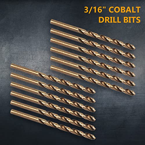 POWERTEC 3/16" Cobalt Drill Bits - 12 Pack - 3-1/2" Length - M35 HSS Jobber Length Twist Bits with 135° Tip for Drilling Wood, Metal, Stainless Steel, Nickel Alloy, Cast Iron & Plastic (QDB2015) - style: 12PK 3/16" Cobalt Drill Bit (3-1/2" L)