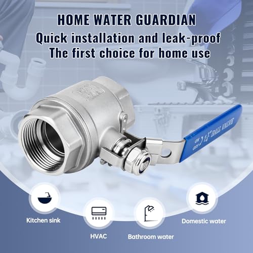 2 Pack 1-1/4" Ball Valves NPT Female Valve 304 Stainless Steel Full Port Locking Ball Valve Handle, Heavy Duty Shut Off Valve for Home and Industrial (1-1/4 Inch) - size: 1-1/4 Inch
