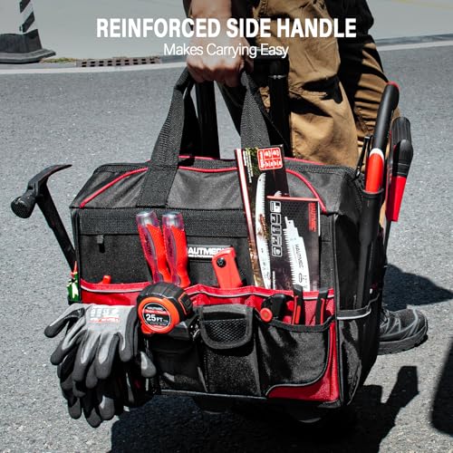 HAUTMEC 18" Rolling Tool Bag with Wheels, Heavy-Duty Water-Resistant Tool Bag Organizer with 23-Pocket, Wide-Mouth Design, Oversized Wheels & Telescoping Handle - HT0059 - color: 18-Inch | Black