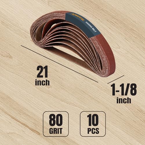 POWERTEC 1-1/8 x 21 Inch Sanding Belts for Makita 9031 Belt Sander, 80 Grit Aluminum Oxide Belt Sander Sanding Belt for Wood & Paint Sanding, Metal Polishing, 10PK (412108) - style: 1-1/8 x 21, 80 Grit