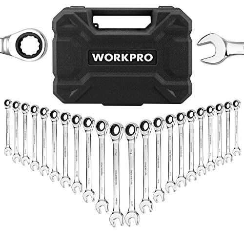 WORKPRO 22 PCS Ratchet Combination Wrench Set with Tool Box, Mirror Polish - style: Regular & Polished