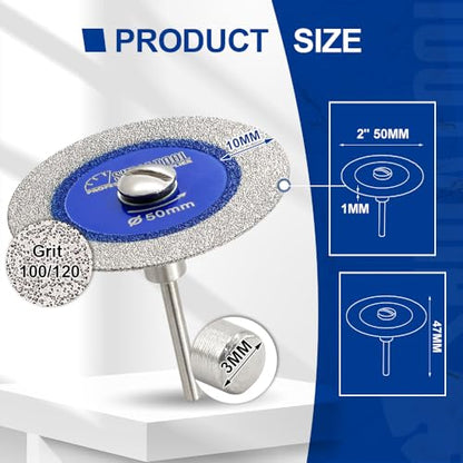 SHDIATOOL 50mm (2 inch) Diamond Glass Cutting Blade with 3MM Shank, Mini Carving Disc for Drill Machine on Glass, Tile, Porcelain, Ceramic(Pack of 5) - size: 50mm (2")