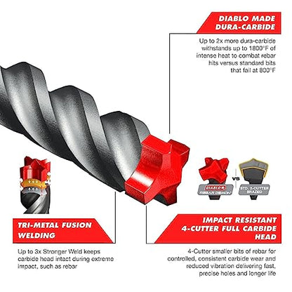 Diablo Rebar Demon SDS-Plus 4-Cutter Full Carbide Head Hammer Drill Bit - size: 6" Length x 3/16" Dia