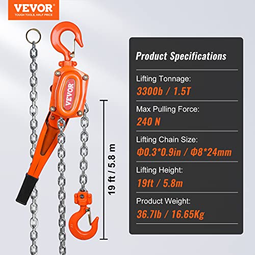 VEVOR Manual Lever Chain Hoist, 1-1/2 Ton 3300 lbs Capacity 20 FT Come Along, G80 Galvanized Carbon Steel with Weston Double-Pawl Brake,Auto Chain Leading & 360° Rotation Hook, for Garage Factory Dock - size: 1-1/2 Ton 20FT