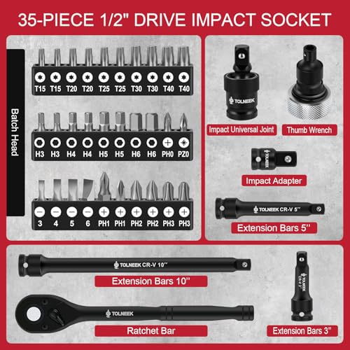 63-Piece 1/2" Drive Impact Socket Set, SAE (3/8 to 1 inch) and Metric (10-24mm) Socket Wrench Set with Extension Bars, Palm Ratchet Kit, CR-V Steel for Auto/Industrial Repairs - size: 63-Piece 1/2" Drive Impact Socket Set