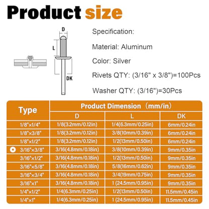 3/16" x 3/8" Silver Aluminum Pop Rivets with Stainless Steel Washers 4.8 x 10mm Blind Rivet Assortment Kit (Pack of 130pcs) - size: 3/16*3/8