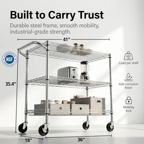 Finnhomy 3 Tier Heavy Duty Commercial Grade Utility Cart, Wire Rolling Cart with Pushing Handle Bar, Steel Metal Kitchen Service Trolly with Wheels, Shelf Size 18" D x 36" W, NSF, Chrome - size: 36"L x 18"W x 35.4"H-3 Tier, style: Chrome Cart