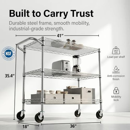 Finnhomy 3 Tier Heavy Duty Commercial Grade Utility Cart, Wire Rolling Cart with Pushing Handle Bar, Steel Metal Kitchen Service Trolly with Wheels, Shelf Size 18" D x 36" W, NSF, Chrome - size: 36"L x 18"W x 35.4"H-3 Tier, style: Chrome Cart