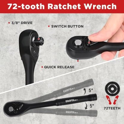 24 Piece 3/8" Socket Ratchet Wrench Set, Deep SAE (7/16 to 1 inch) and Metric (13-19mm, 21, 22, 24mm) 6 Point, with Ratchet Handle, Extension Bar, Adapter, Impact Universal Joint, Storage Box - color: 3/8-24pcs