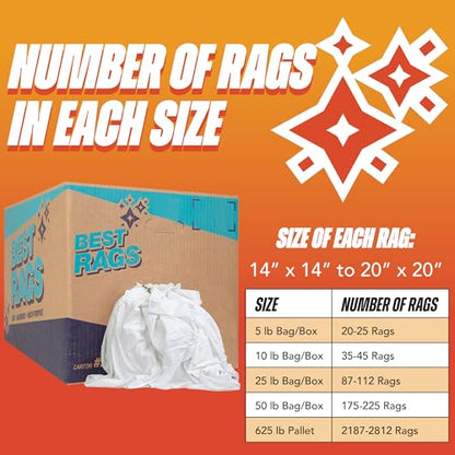 Arkwright Tshirt Box of Rags - 10 lb Box - Low Lint, Streak-Free Multipurpose Professional Cotton Cleaning Cloths for Stain, Paint, Wood, and Grease, White - size: 10 lb Box