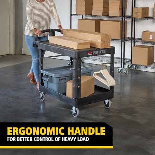 Rubbermaid Commercial Products 2-Shelf Utility/Service Cart, Medium, Flat Shelves, Ergonomic Handle, 500 lbs. Capacity, Ideal for Warehouse/Garage/Cleaning/Manufacturing - size: Medium 2-Shelf, style: Ergonomic Handle