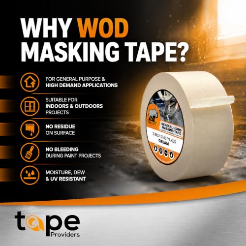 WOD Utility Grade General Purpose Masking Tape, 1.5 inch x 60 yds (Pack of 6) Great for Home or Office, Painting, or Labeling, Adhesive Leaves no Residue - size: 1.5 inch - Pack of 6