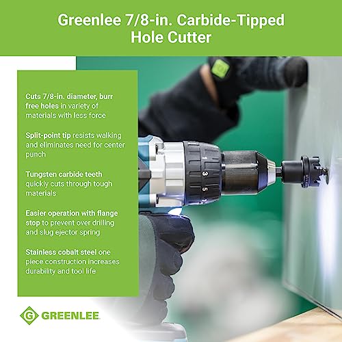 Greenlee 625-7/8 Durable One-Piece Carbide-Tipped Hole Cutter for 1/2" Conduit, 7/8" Stainless Steel Metal Cutting Hole Saw with Tungsten Carbide Teeth - size: 7/8-Inch