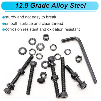 185PCS Black M5 Hex Socket Head Cap Screws, M5 x 30/35/40/45/50mm Metric Screws Bolts Nuts Washers Assortment Kit with Hex Wrench, 12.9 Grade Alloy Steel - color: BK-M5 x 30-50mm/
