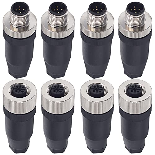 M12 5 Pin Male & Female Socket Panel Aviation Wire Connector,12mm Industrial Circular Connector, Outdoor Waterproof IP67,4 Sets - color: Female+Male, size: 5Pin Straight