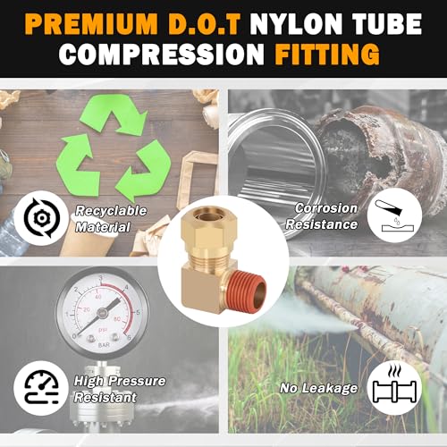 5PCS Brass DOT 1/2" Tube x 3/8" NPT Nylon Tubing 90 Degree Elbow - size: 1/2" OD x 3/8" NPT, style: 90°NPT Thread Elbows-5PCS