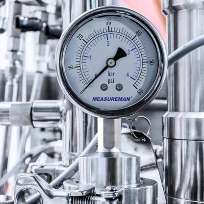 MEASUREMAN Stainless Steel Sanitary Pressure Gauge, 2.5” Dial, 0-60 PSI, Glycerin-Filled for Accuracy, 1.5” Tri Clamp Bottom Mount for Food, Dairy, and Pharmaceutical Applications - size: 2.5",0-60 psi/bar, style: Lower Mount