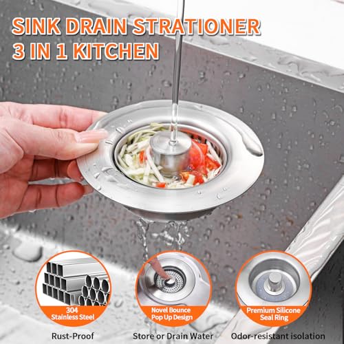 3-in-1 Kitchen Sink Drain Strainer & Sink Stopper 2 Pack - 304 Stainless Steel Sink Drain Strainer, Pop-Up Anti-Clog Design, Fits Standard 3-1/2'' Sink Drains - color: Sus304 Brushed 2pack