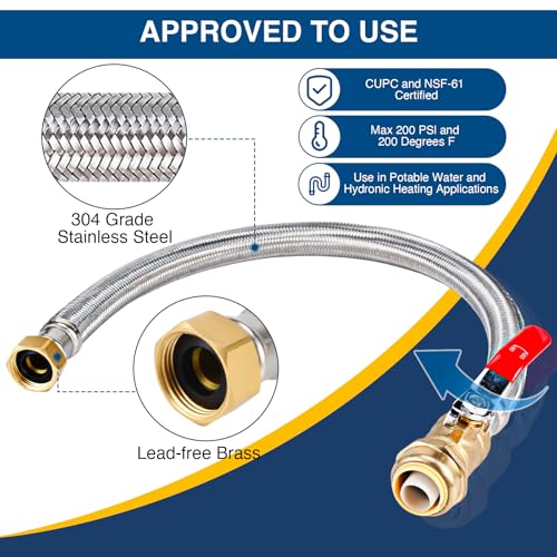 Heavy Duty 24" Braided Stainless Steel Hot Water Heater Hose – 3/4 Inch FIP x 3/4 Inch Ball Valve, Push-to-Connect Brass Fitting - size: stainless steel 3/4"Ball Valve x 3/4"FIP, 24"L