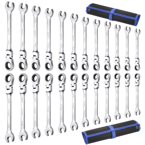 Qnkaa 24pcs Flexible Ratcheting Wrench Set Metric 8-19mm & SAE 1/4" to 7/8"