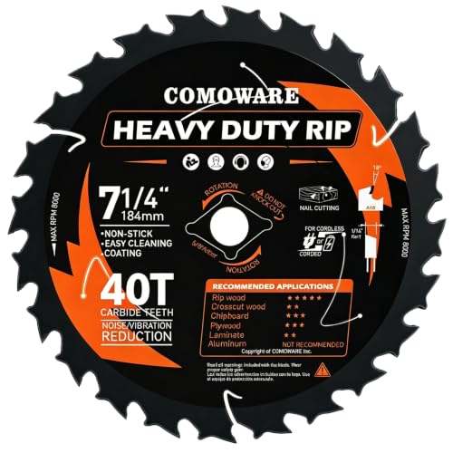 COMOWARE 7 1/4“ Circular Saw Blade, 40T ATB Circular Saw Blade, 5/8" Arbor, TCT Carbide-Tipped, Anti-Vibration, Teflon Anti-Stick, Miter Saws Blades for Wood, Laminate, Plywood & Hardwoods - size: 7-1/4" 40T