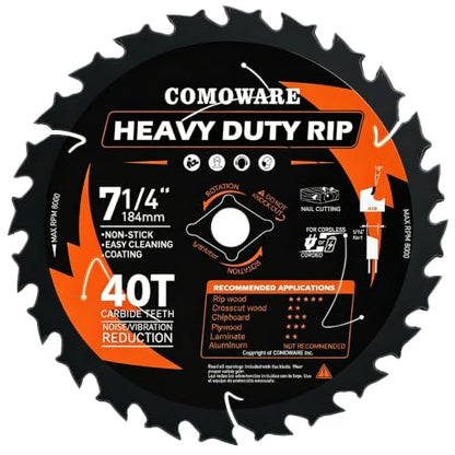 COMOWARE 7 1/4“ Circular Saw Blade, 40T ATB Circular Saw Blade, 5/8" Arbor, TCT Carbide-Tipped, Anti-Vibration, Teflon Anti-Stick, Miter Saws Blades for Wood, Laminate, Plywood & Hardwoods - size: 7-1/4" 40T