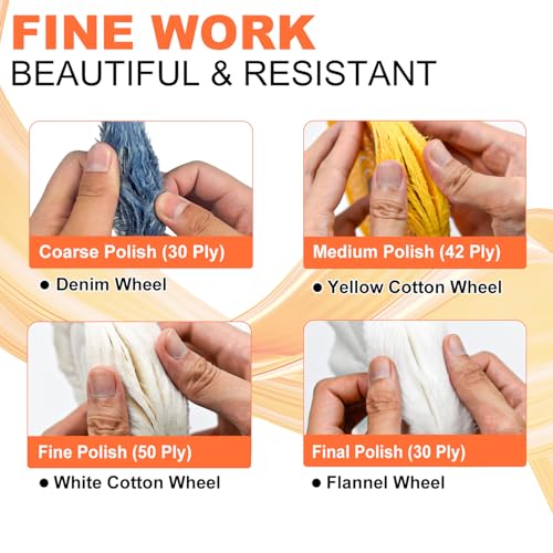 8 Pack 6 Inch Polishing Wheel for Bench Grinder, 1/2" Arbor Hole, Include 1 Denim Wheel, 1 Yellow Cotton, 2 White Cotton Polish Wheels, 1 Soft Flannel Buffing Wheel& 3 Polishing Compound