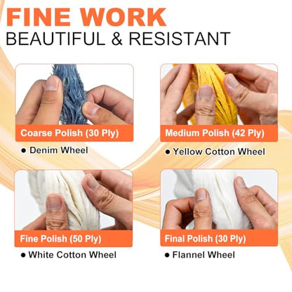 8 Pack 6 Inch Polishing Wheel for Bench Grinder, 1/2" Arbor Hole, Include 1 Denim Wheel, 1 Yellow Cotton, 2 White Cotton Polish Wheels, 1 Soft Flannel Buffing Wheel& 3 Polishing Compound