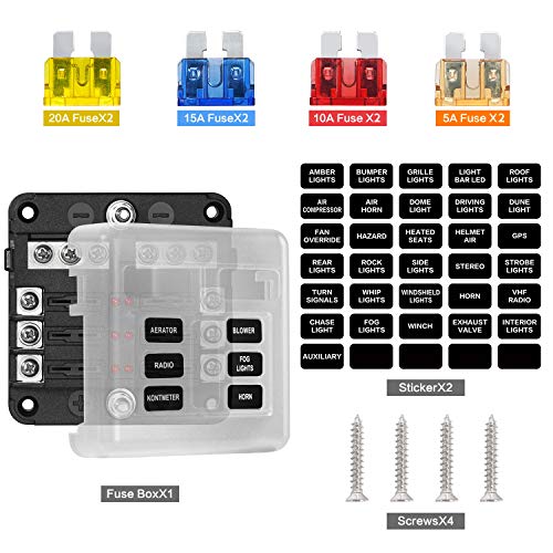 6 Way Fuse Block,12V Blade Fuse 6 Circuit ATC/ATO Waterproof Fuse Box Holder with LED Indicator Waterpoof Cover for 12V/24V Automotive Truck Boat Marine RV Van Vehicle (with 8 pcs Fuse)