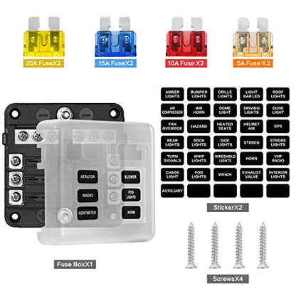 6 Way Fuse Block,12V Blade Fuse 6 Circuit ATC/ATO Waterproof Fuse Box Holder with LED Indicator Waterpoof Cover for 12V/24V Automotive Truck Boat Marine RV Van Vehicle (with 8 pcs Fuse)