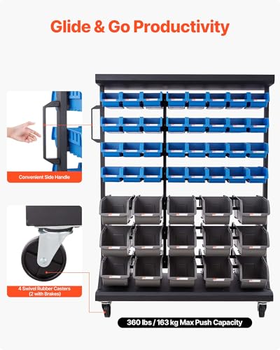 VEVOR 7-Tier Double-Sided Rolling Bin Storage Rack, 94 Plastic Bins, Dual-Sided Parts Organizer with Wheels, Mobile Tool Organizer for Garage, Warehouse, Office, Restaurant, Classroom, Kitchen