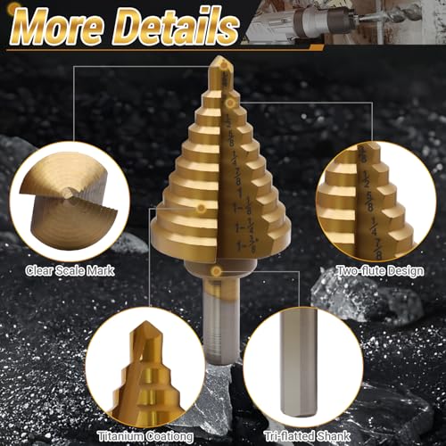 Uenhoy Titanium Step Drill Bit 1/4 to 1-3/8 Inches, 10 Sizes Drill Cone Bit - size: 1/4 to 1-3/8 Inch