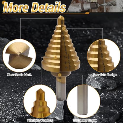 Uenhoy Titanium Step Drill Bit 1/4 to 1-3/8 Inches, 10 Sizes Drill Cone Bit - size: 1/4 to 1-3/8 Inch