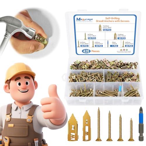 420 Pcs Self Drilling Drywall Anchors with Screws Kit, 2 Sizes Drywall Anchors and 4 Sizes Zinc Plated Screws, Holds Up to 100lbs, No Pre-Drill Needed, for TV, Shelf Straps, Picture Frames - size: 2 Sizes-420 PCS