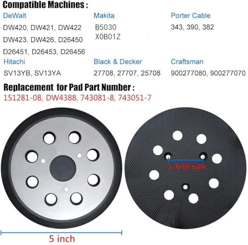 5 Inch 8 Hole Hook and Loop Sander Pad Compatible with Porter Cable 343 382