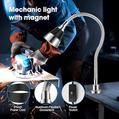 Magnetic Work Light, LED Machine Work Light with Magnet Base & Flexible Gooseneck, Shop Tool Lamp for Wood Lathe, Workbench, Sewing Machine, Grill, Industrial Mechanic Light
