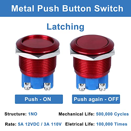1pc 22mm Latching Metal Push Button Switch Waterproof 7/8" Mounting Hole Screw Terminals 12V 24V 36V DC 110V 250V AC 5A 1NO Aluminium Alloy Red Shell - color: Red, size: 22mm 1pc
